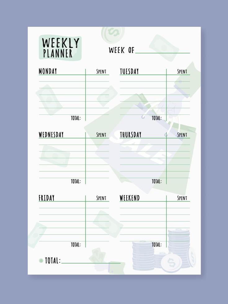 modelo de planejador semanal planejadores minimalistas página do organizador de design do vetor modelo em branco do planejador.