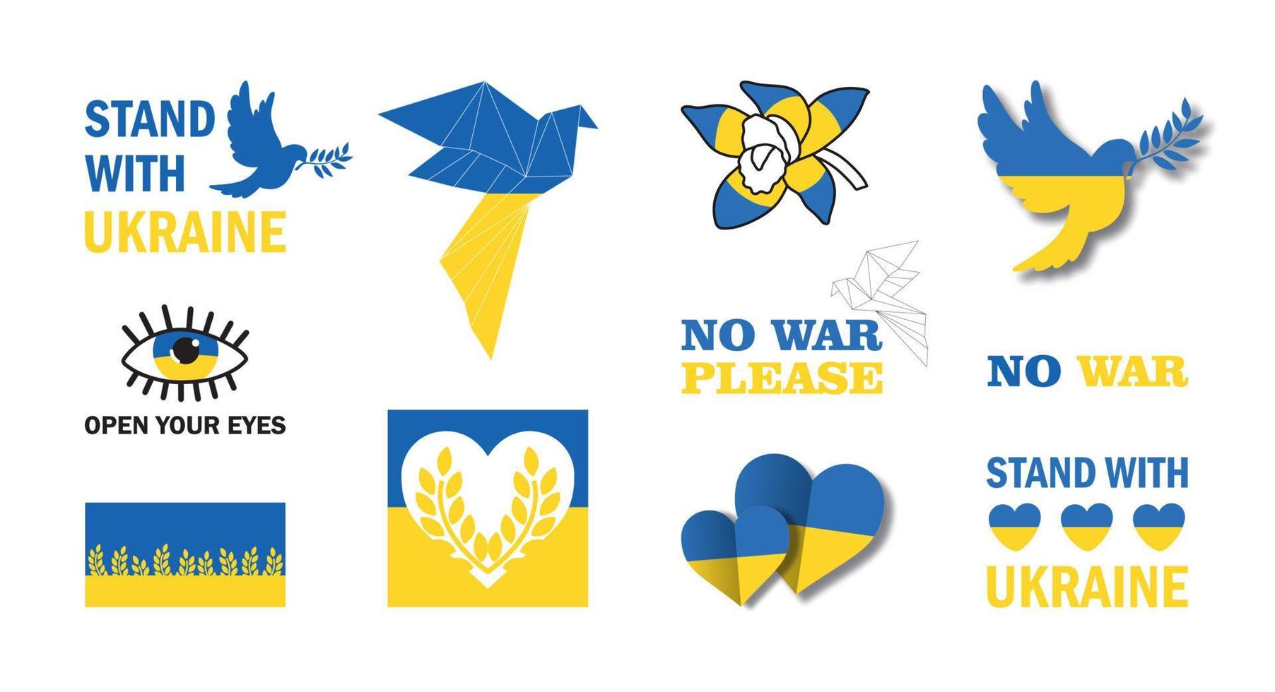 um grande conjunto de logotipos e ícones vetoriais com símbolos da ucrânia e o chamado à paz. nenhuma guerra. vetor