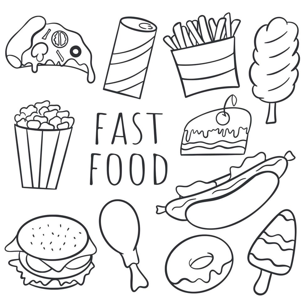 conjunto de doodle de fast food ilustração vetorial isolada vetor