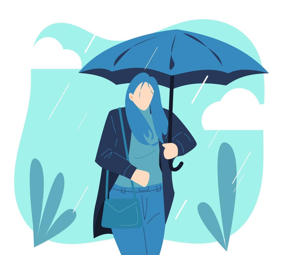 mulher usando guarda-chuva quando chove. fundo azul isolado, nuvens, folhas. adequado para temas climáticos, estações, etc. ilustração vetorial plana vetor