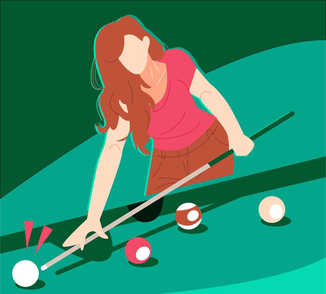 ilustração de mulher bonita jogando bilhar. fundo verde. o conceito de esportes, jogos, hobbies, bares, etc. ilustração vetorial plana vetor