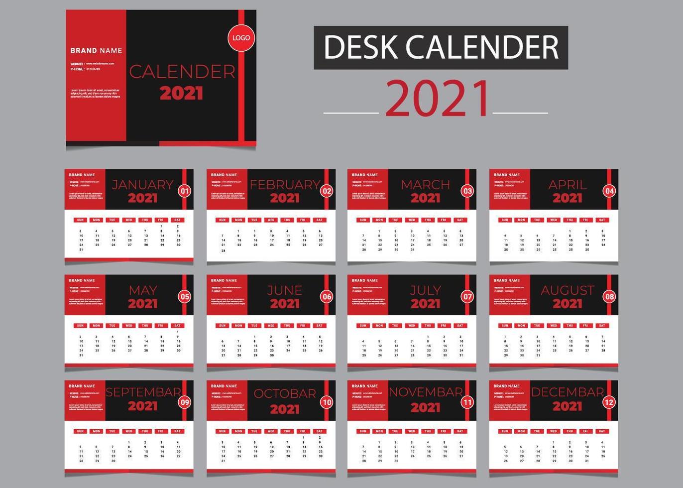 Conjunto de modelos de calendário 2021 vermelho, preto e branco vetor