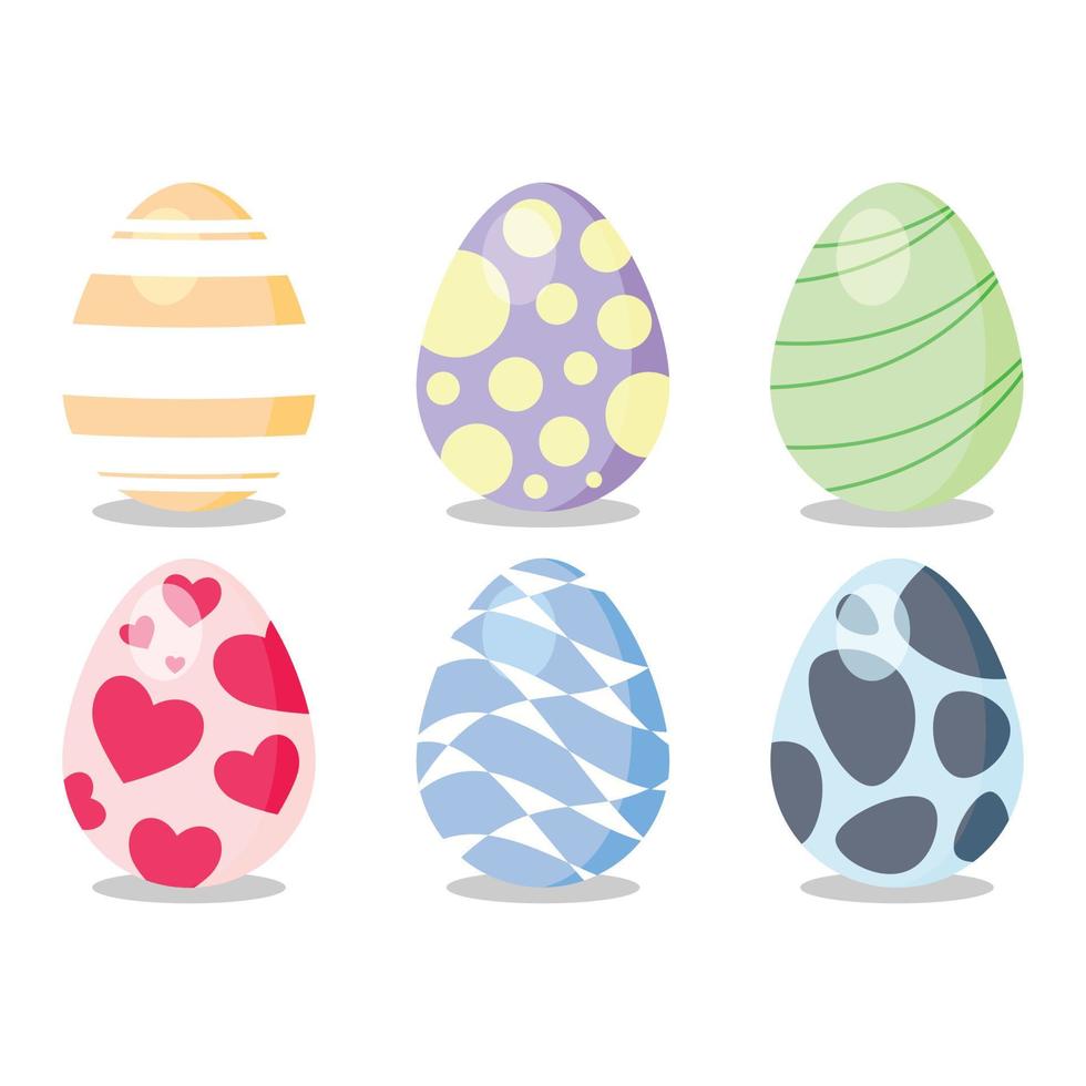 coleção de seis ovos de páscoa multicoloridos decorados com listras, pontos, linhas, corações e padrões. vetor