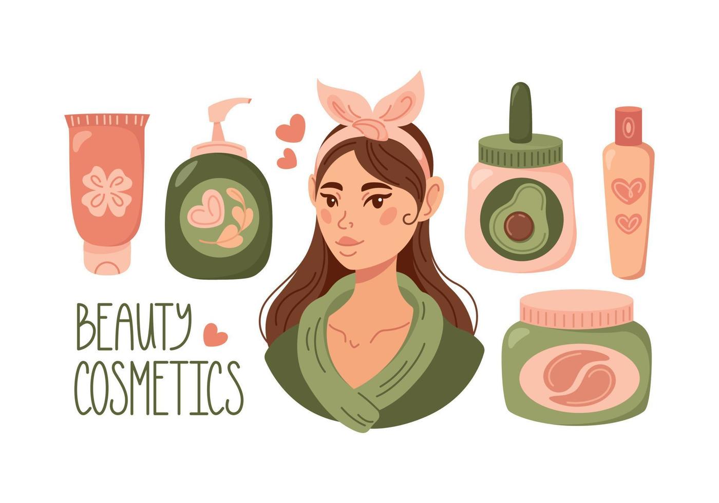 conjunto de ilustração de beleza. jovem com bela pele saudável. diversos produtos cosméticos. cuidados diários com a pele. ilustração em vetor gráfico plana de cor. estilo de desenho animado