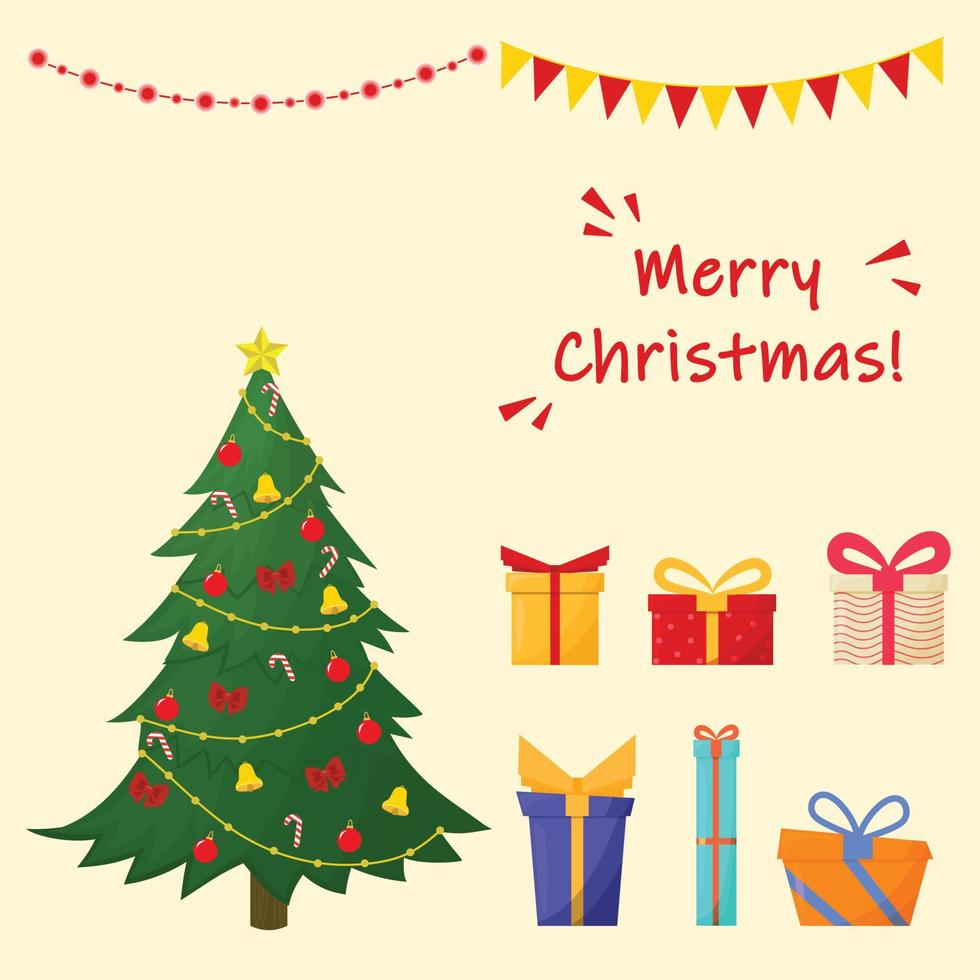 conjunto de elementos de natal. abeto ou árvore de natal, luzes, caixas de presente e letras de feliz natal vetor
