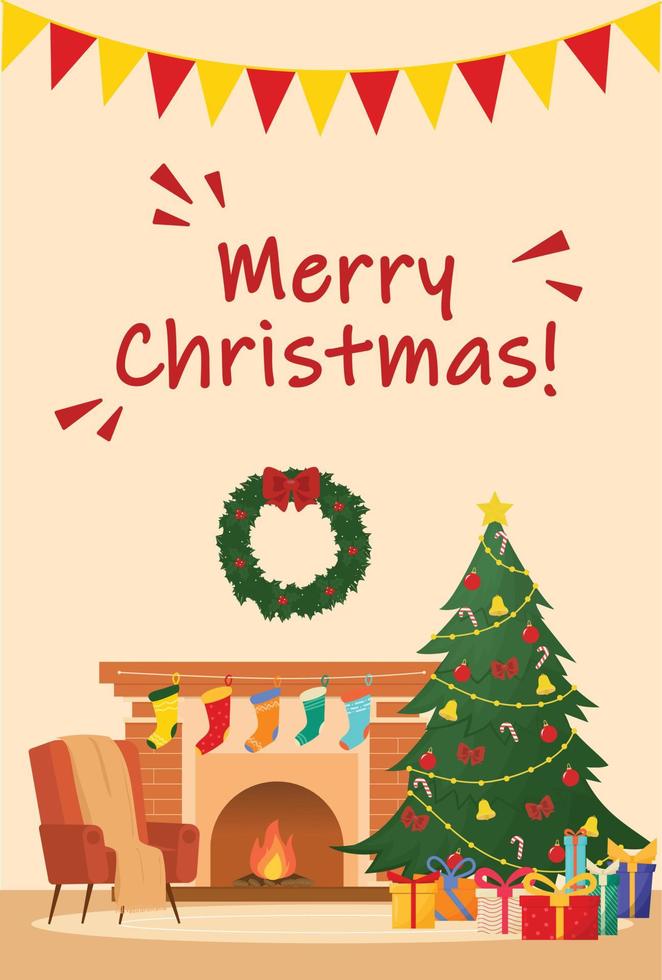 cartão postal de feliz natal. lareira com árvore de natal e presente. poltrona aconchegante na sala de estar. ilustração vetorial. vetor