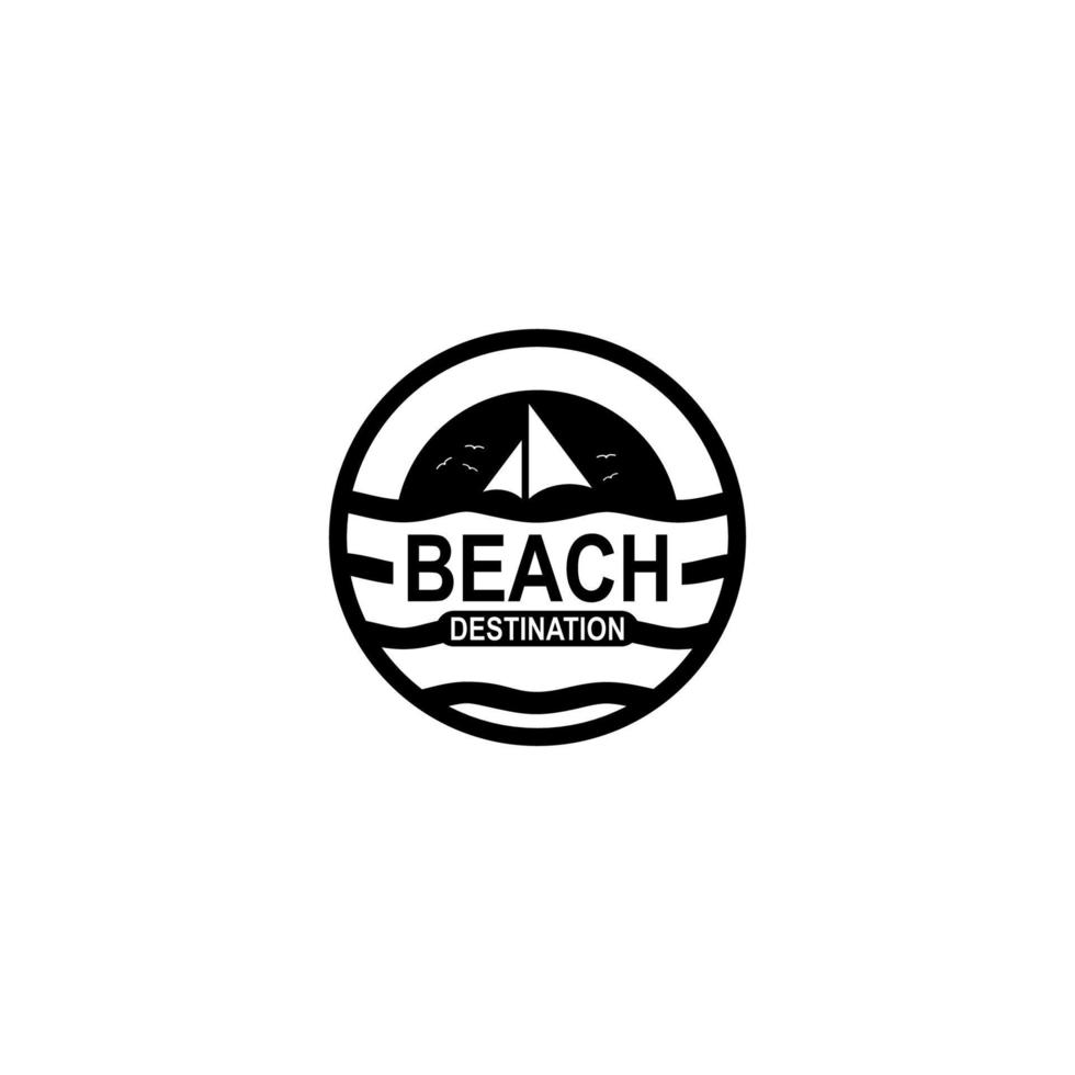 sol, barco, ilha, ondas do oceano oceano, pássaros para férias de verão na praia, design de logotipo de etiqueta de selo rústico vetor