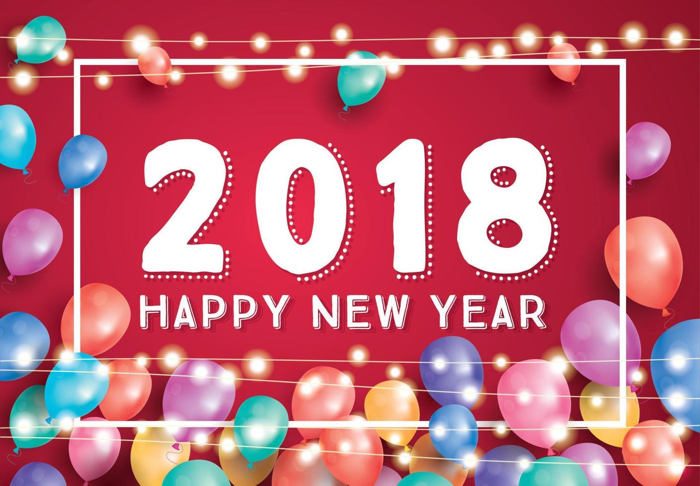 feliz ano novo 2018 cartão com balões voadores, moldura branca e guirlanda de néon. vetor