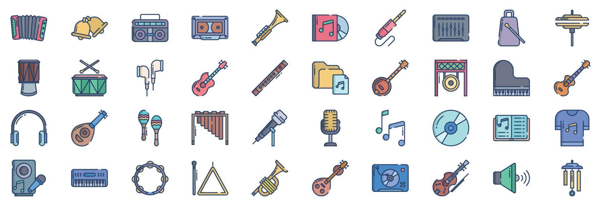 coleção de ícones relacionados a instrumentos musicais, incluindo ícones como acordeão, sino, boombox e muito mais. ilustrações vetoriais, conjunto perfeito de pixels vetor