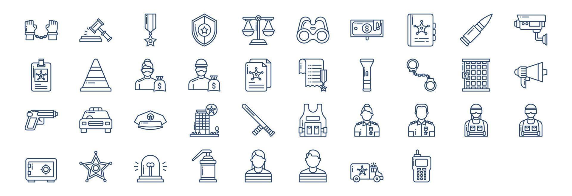 coleção de ícones relacionados à polícia e à lei, incluindo ícones como prisão, leilão, bala, binóculos e muito mais. ilustrações vetoriais, conjunto perfeito de pixels vetor