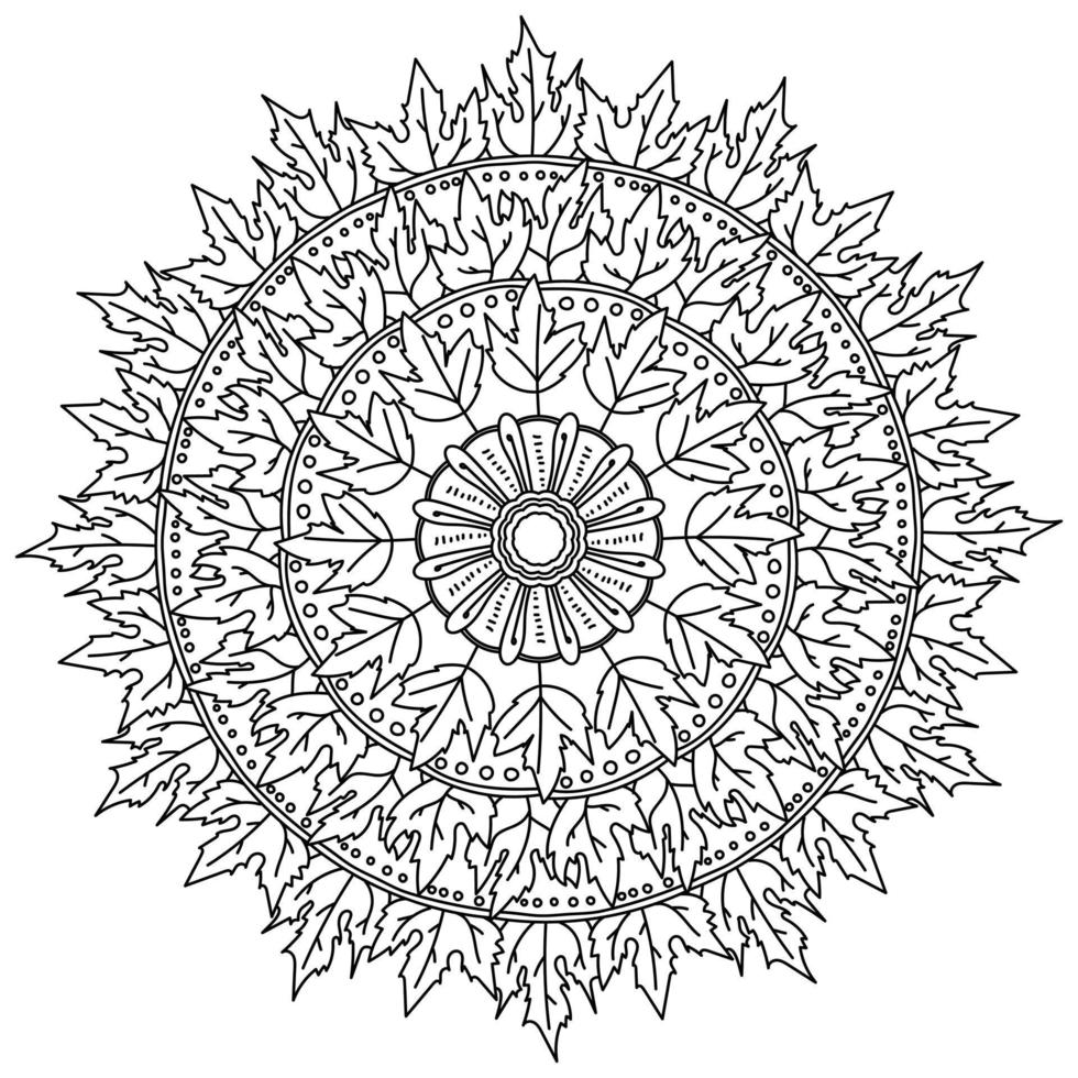 desenho de mandala ornamentada com folhas de bordo e padrões, antistress meditativo de outono vetor