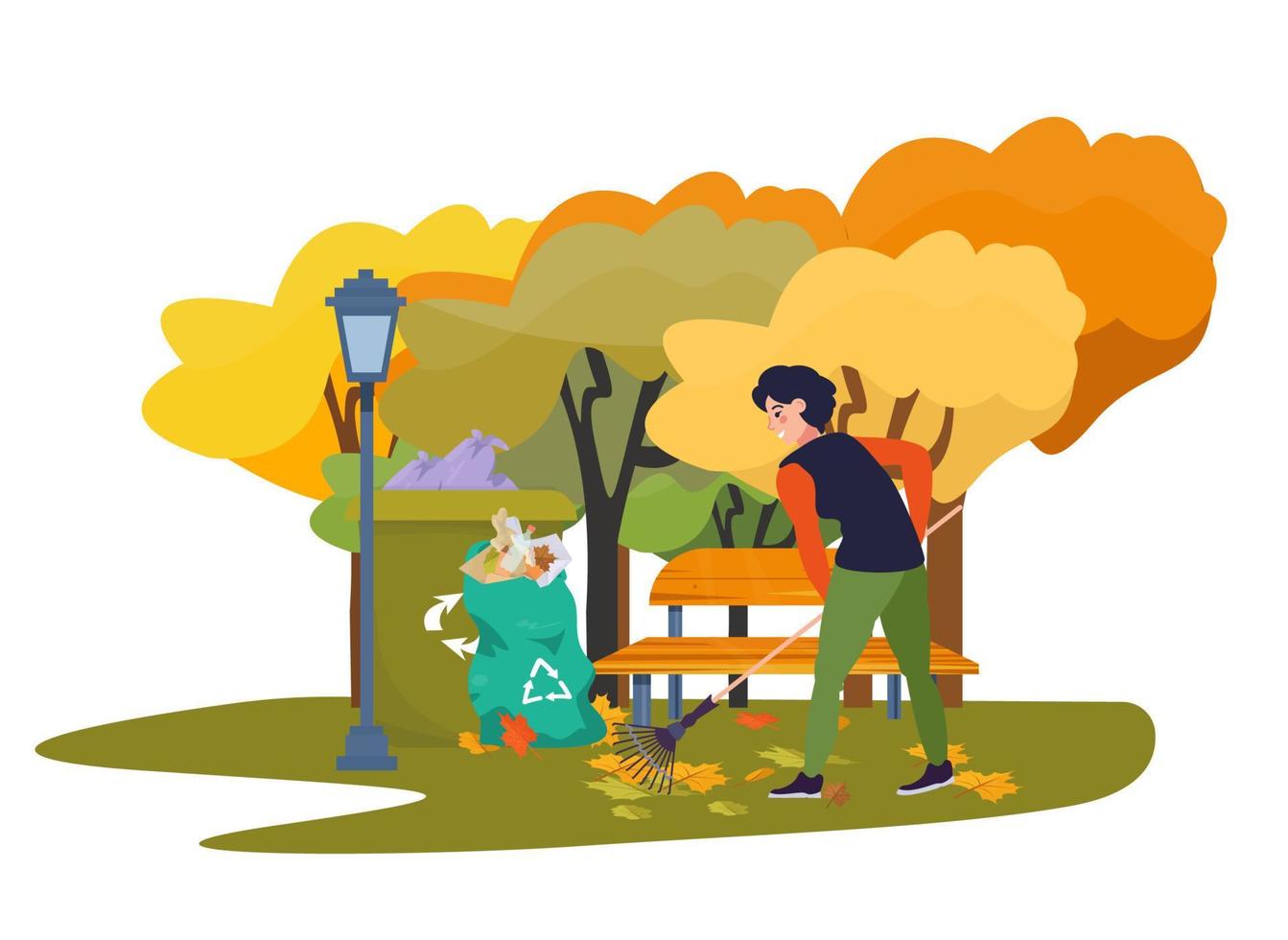 mulher ajuntando folhas de outono no parque. personagem feminina limpando o território com ancinhos. trabalhador, voluntário. ilustração vetorial plana. atividade ao ar livre. vetor