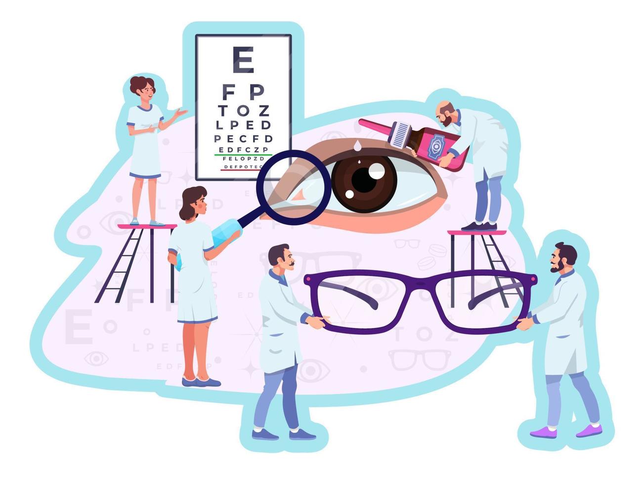 conceito de oftalmologia, metáfora. oftalmologistas, oculistas. oculistas, oftalmologistas segurando óculos. exame de vista, check-up. gráfico de visão. gotas, remédio para tratamento de doenças. vetor