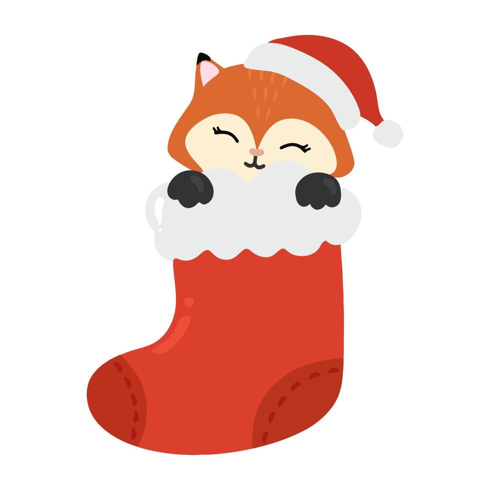 ilustração de raposa de natal bonito dos desenhos animados com chapéu de papai noel na meia de natal vermelha isolada no fundo branco vetor
