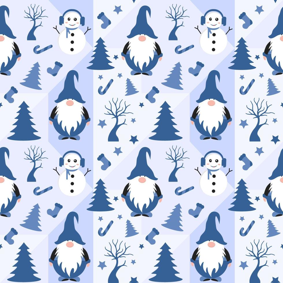 design de padrão sem costura de fundo de natal com papai noel, árvore, boneco de neve e presentes em modelo de ilustração plana de desenhos animados desenhados à mão vetor