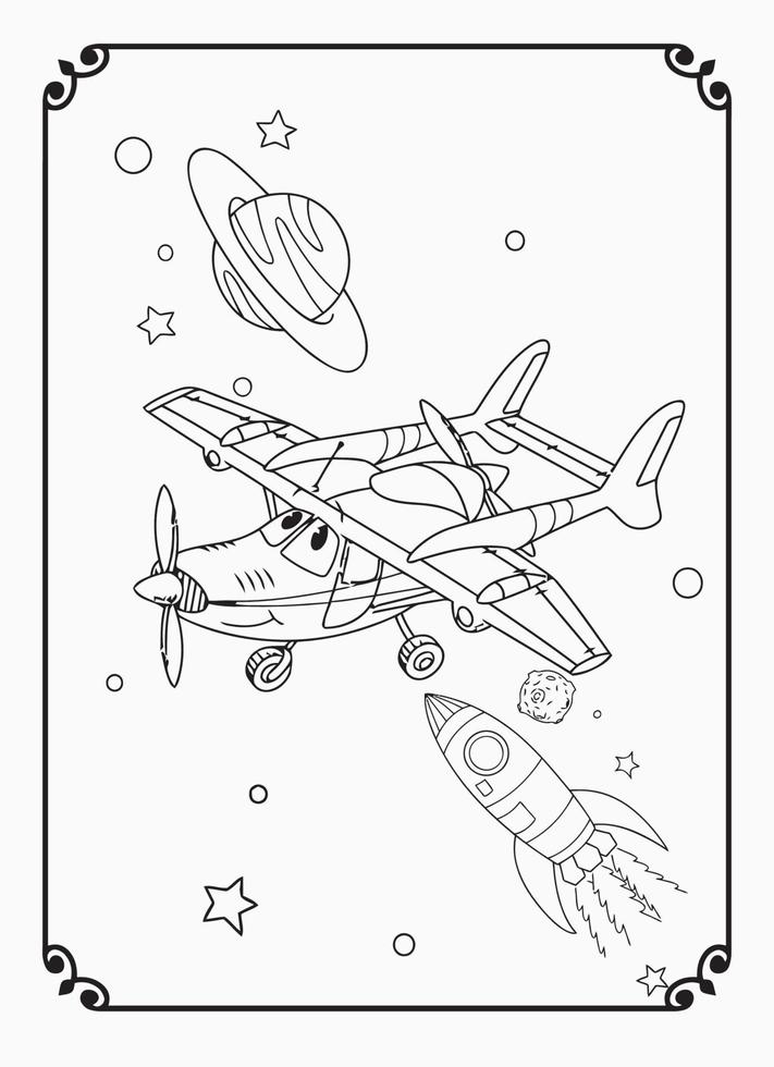 bonito avião engraçado e feliz com espaço e galáxia para colorir para crianças vetor