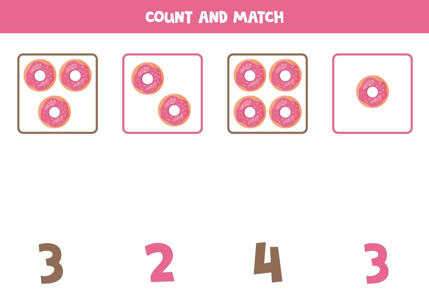jogo de contagem para crianças. conte todos os donuts e combine com os números. planilha para crianças. vetor