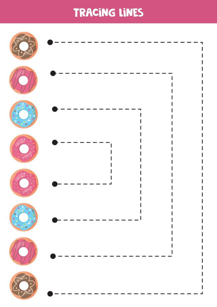 linhas de rastreamento para crianças. lindos donuts coloridos. prática da escrita. vetor