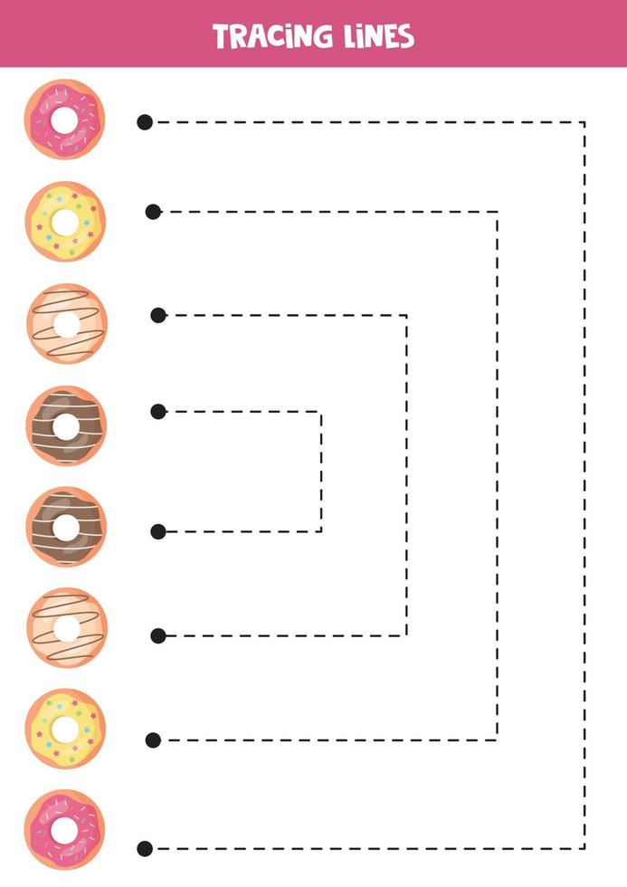 linhas de rastreamento para crianças. lindos donuts coloridos. prática da escrita. vetor