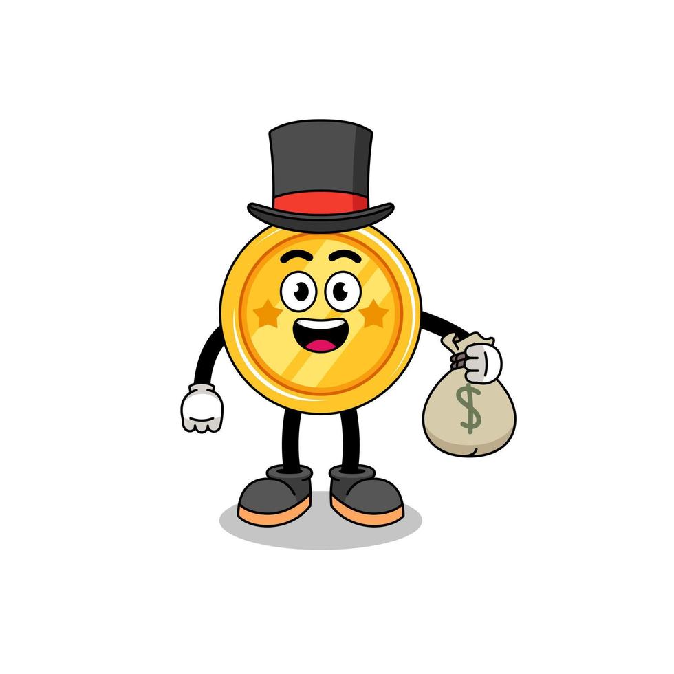 ilustração de mascote de medalha homem rico segurando um saco de dinheiro vetor