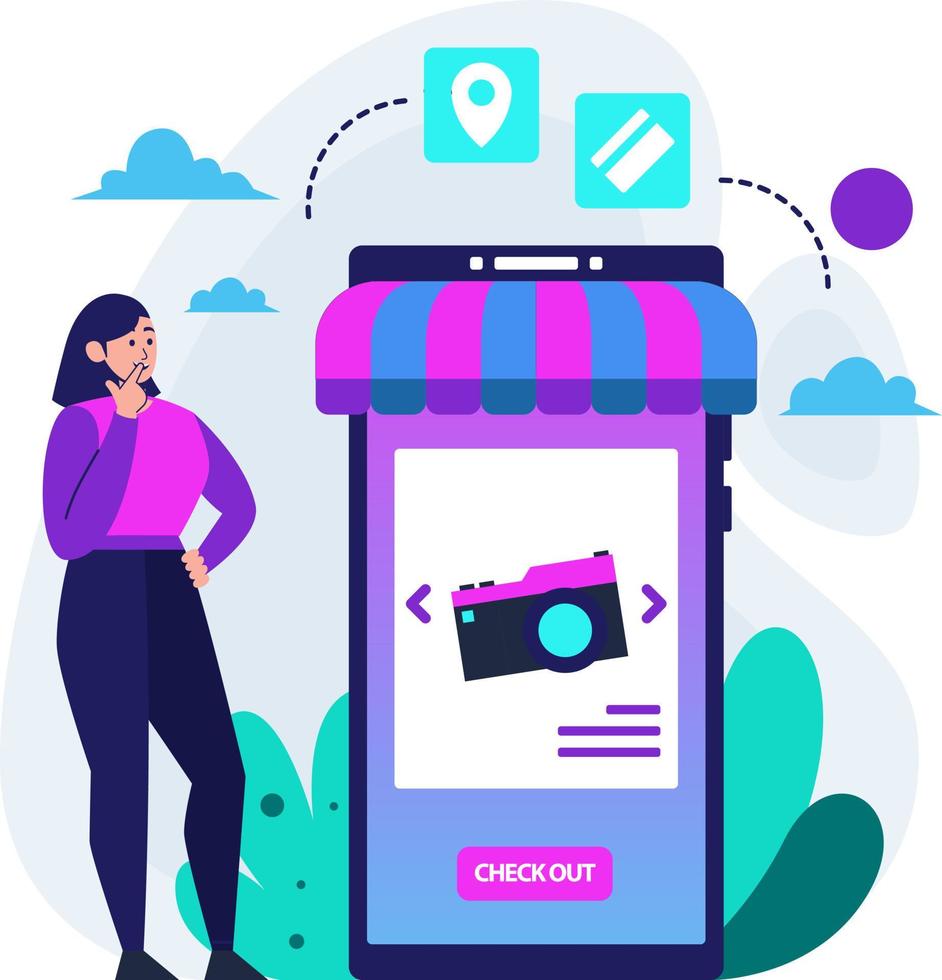 mulher se prepara para fazer o check-out depois de selecionar itens por meio de compras on-line no smartphone vetor