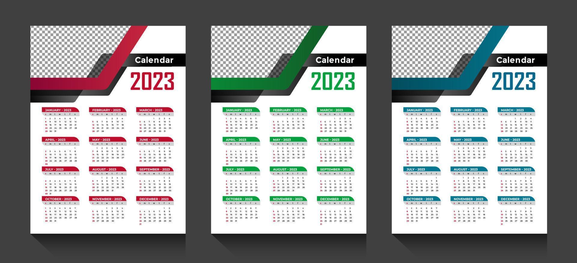 o vetor de calendário do ano de 2023 com formas abstratas e design de calendário de negócios mínimo de cor azul para o calendário de ano novo de 2023 com cálculo de fim de semana a semana começa no domingo