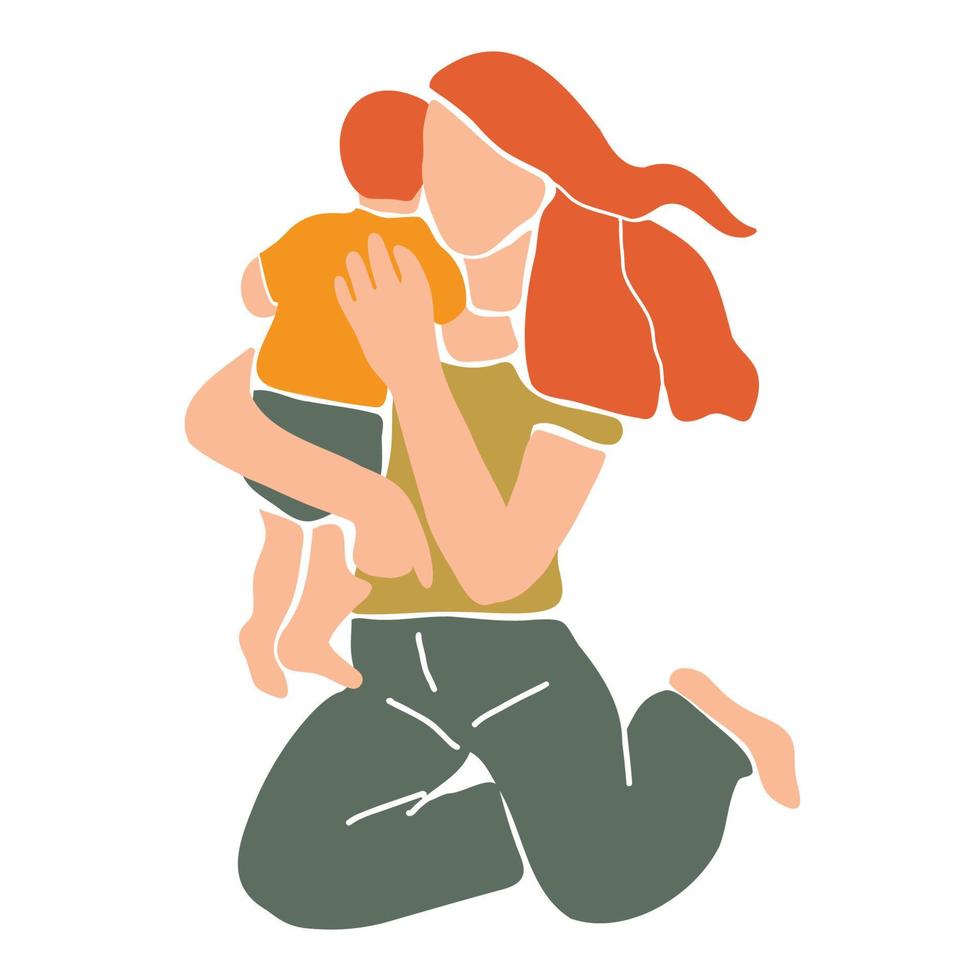 mãe segurando e abraçando o filho pequeno. conceito de união e parentalidade. ilustração vetorial desenhada à mão em estilo abstrato minimalista vetor