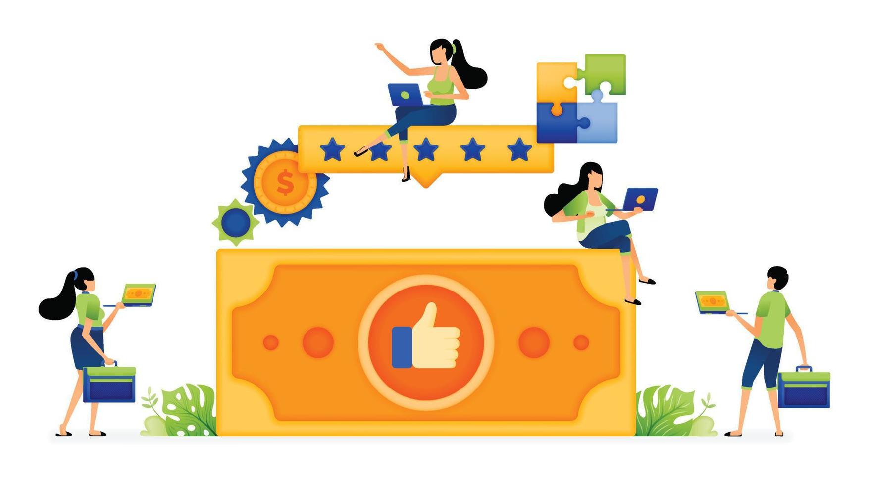 ilustração em vetor de classificação de cinco estrelas e polegares para cima do feedback do usuário. cashback em transações financeiras. pode ser usado para páginas de destino, web, sites, aplicativos móveis, cartazes, anúncios, folhetos, banners