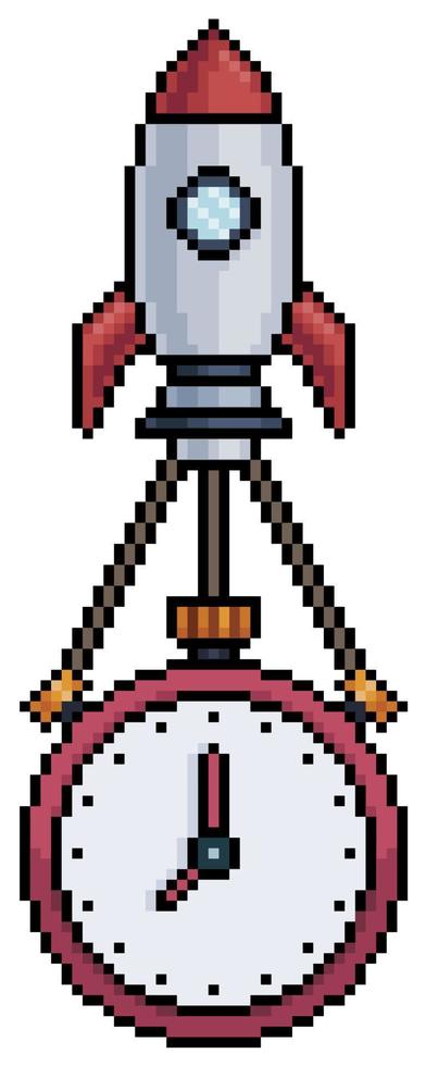foguete de pixel art carregando relógio, cronômetro, ícone de vetor de despertador para jogo de 8 bits em fundo branco