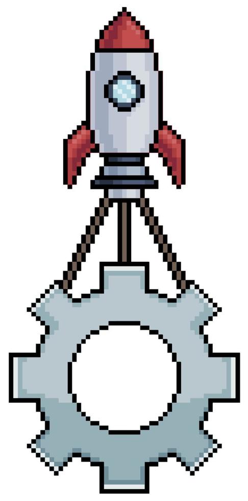 foguete de pixel art puxando ícone de vetor de engrenagem para jogo de 8 bits em fundo branco