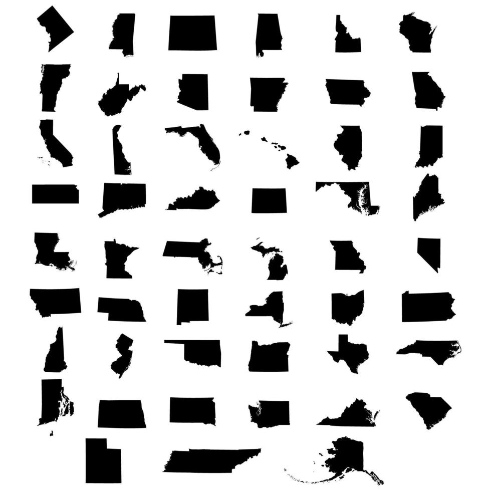 coleção completa dos estados dos eua e do distrito de columbia. silhuetas de ícones em um branco vetor
