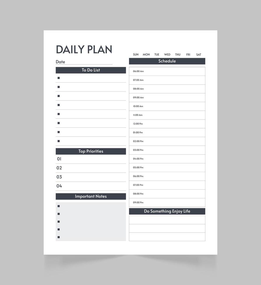 modelo de página do planejador diário para impressão. página do bloco de notas branco em branco. vetor