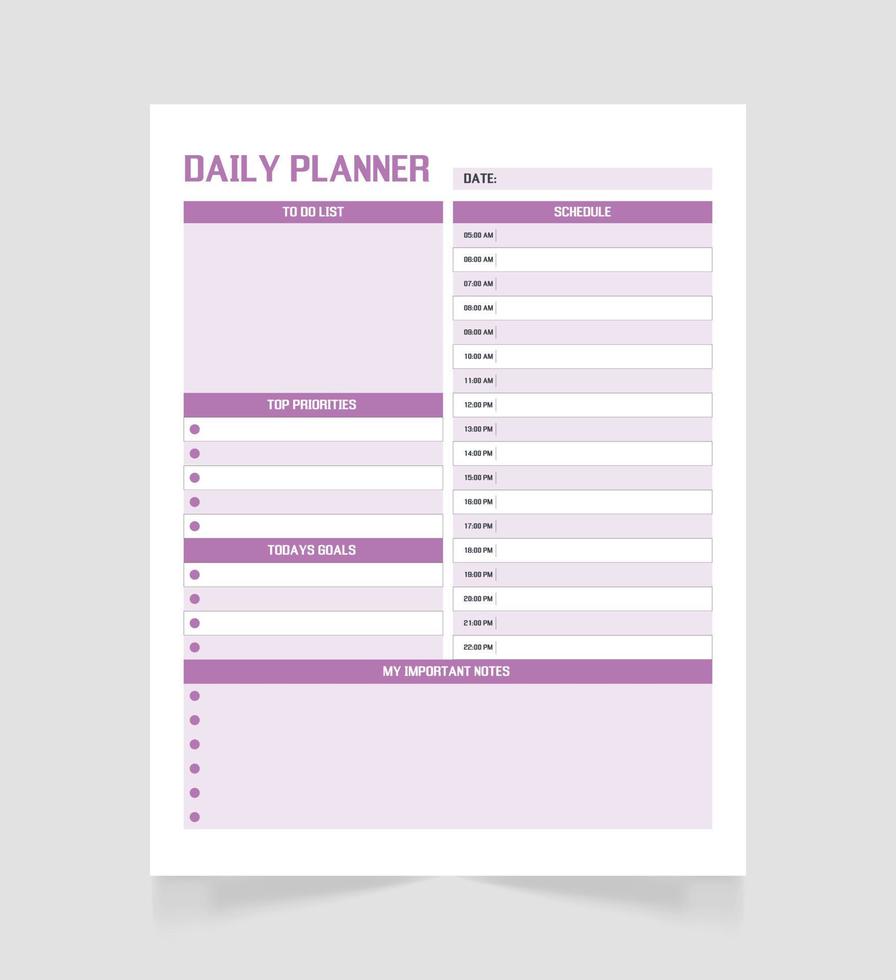 modelo de página do planejador diário para impressão. página do bloco de notas branco em branco. vetor