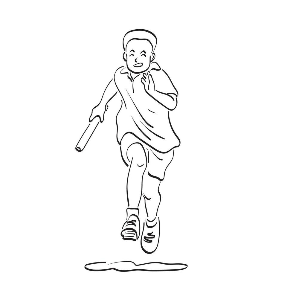 menino de arte de linha correndo na ilustração de corrida de revezamento vetor desenhado à mão isolado no fundo branco