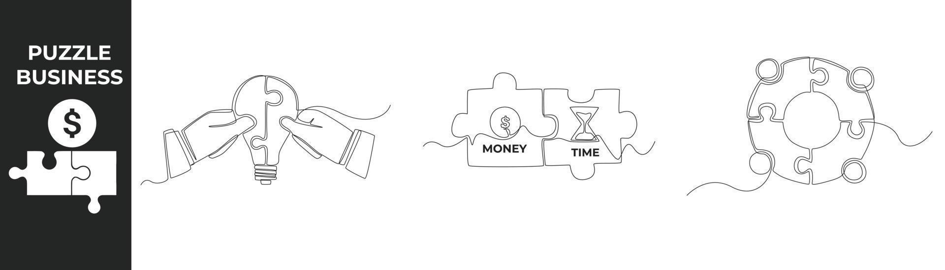 único conceito de conjunto de peças de quebra-cabeça de negócios de desenho de linha. combinando peças de quebra-cabeça, dinheiro dólar, vidro de areia e quebra-cabeça círculo. linha contínua desenhar design gráfico ilustração vetorial. vetor