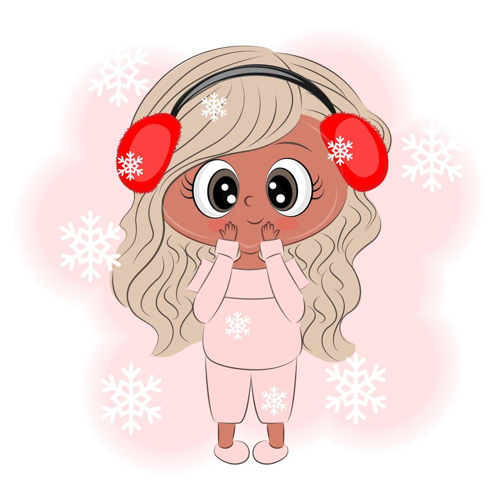 menina bonitinha em roupas de inverno com ilustração vetorial de natal de flocos de neve vetor