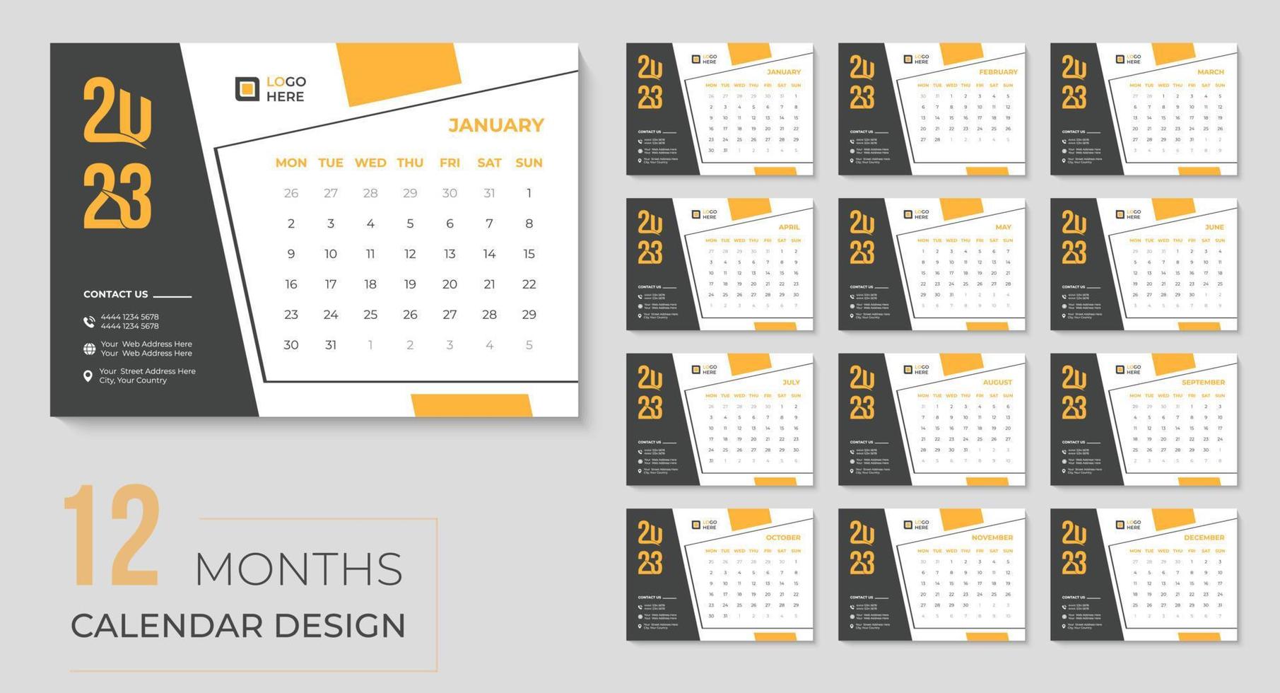 feliz ano novo 2023 design de calendário de mesa, modelo de calendários imprimíveis de evento amarelo mensal e anual para agência de negócios vetor