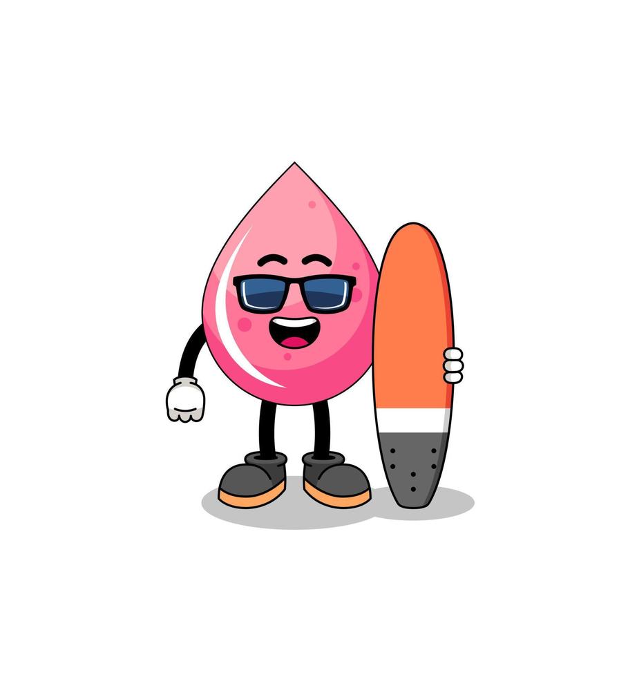 desenho de mascote de suco de morango como surfista vetor