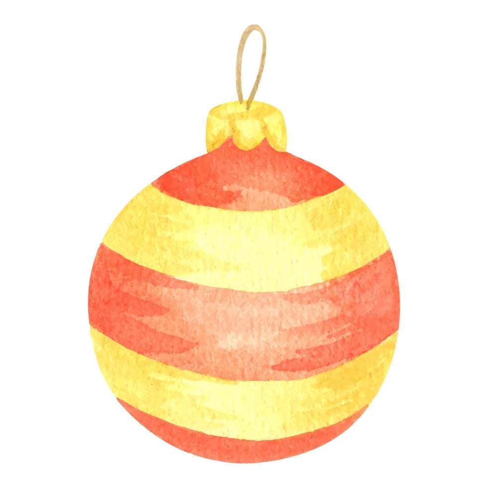 aquarela bola de natal listras amarelas e vermelhas. ouro e vermelho enfeites de natal pintura de arte em aquarela. isolado. perfeito para design de cartão de natal, convites e outras decorações vetor