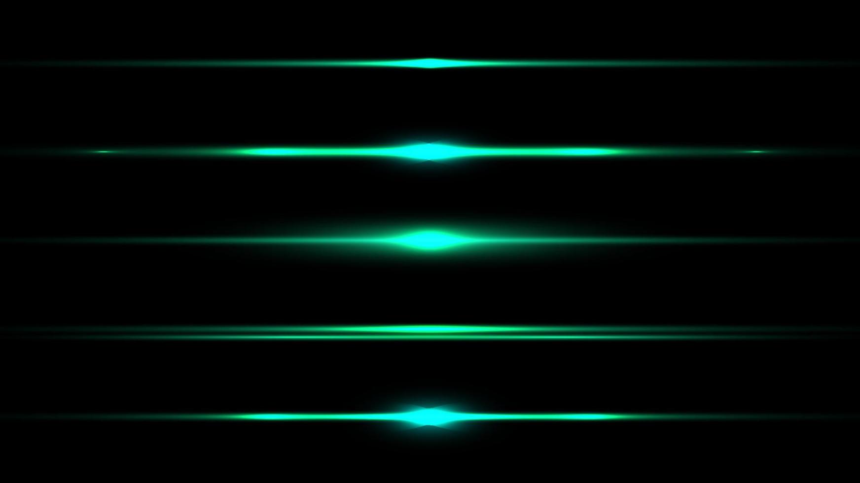 conjunto de elementos horizontais efeito de raio de luz verde brilhante isolado no fundo preto. vetor
