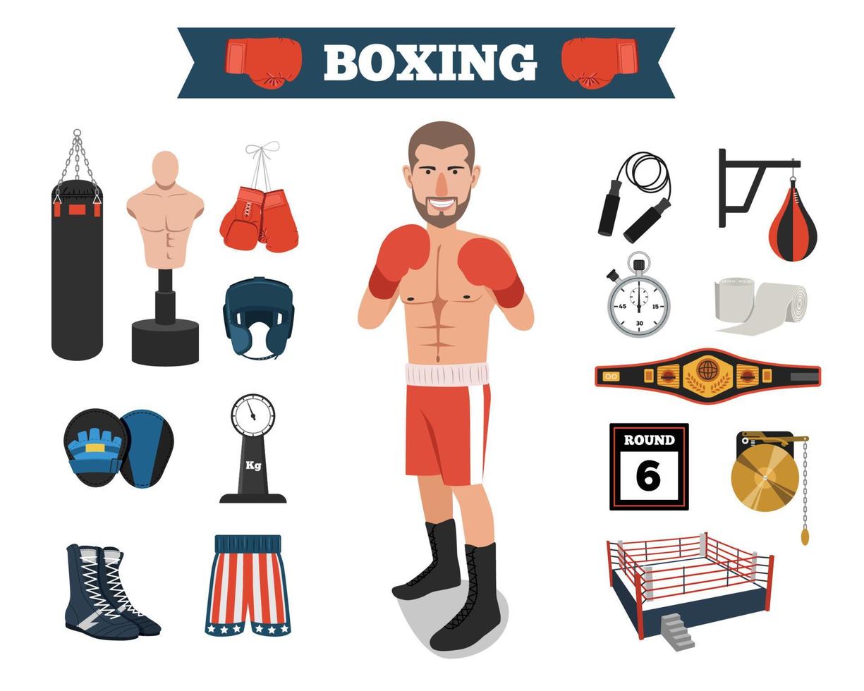 boxer masculino com ferramentas de equipamento de boxe vetor