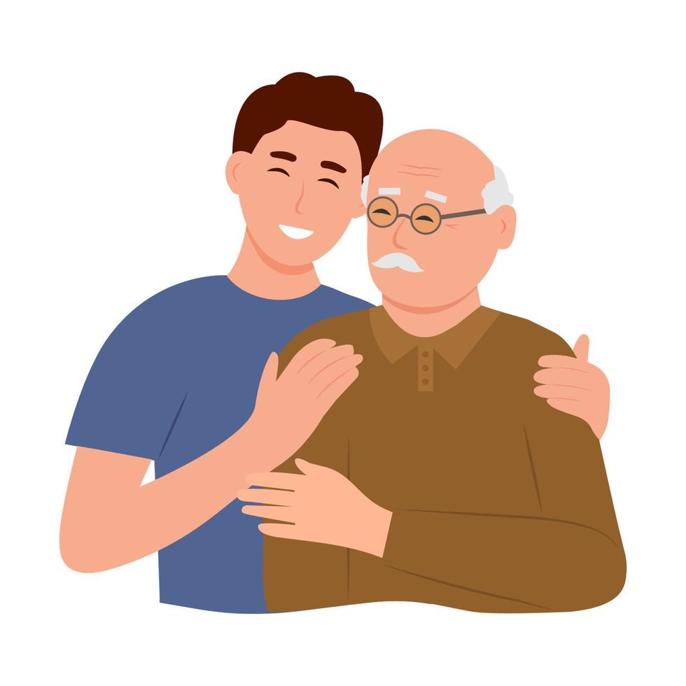 jovem feliz abraçando seu velho pai com amor. pai e filho. dia dos pais .portrait de jovem abraçando seu avô. relacionamento familiar amigável. ilustração vetorial plana vetor