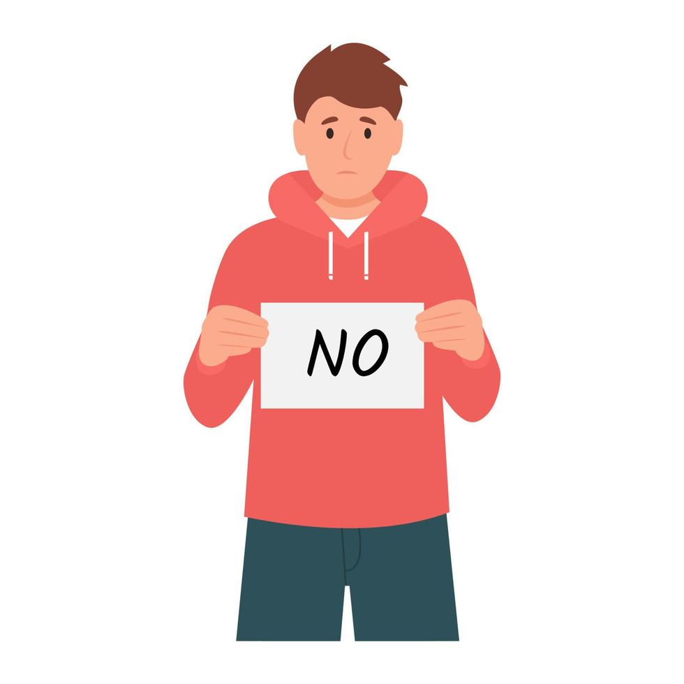 menino segurando uma placa que diz não. homem expressando rejeição. ilustração vetorial plana isolada no fundo branco vetor