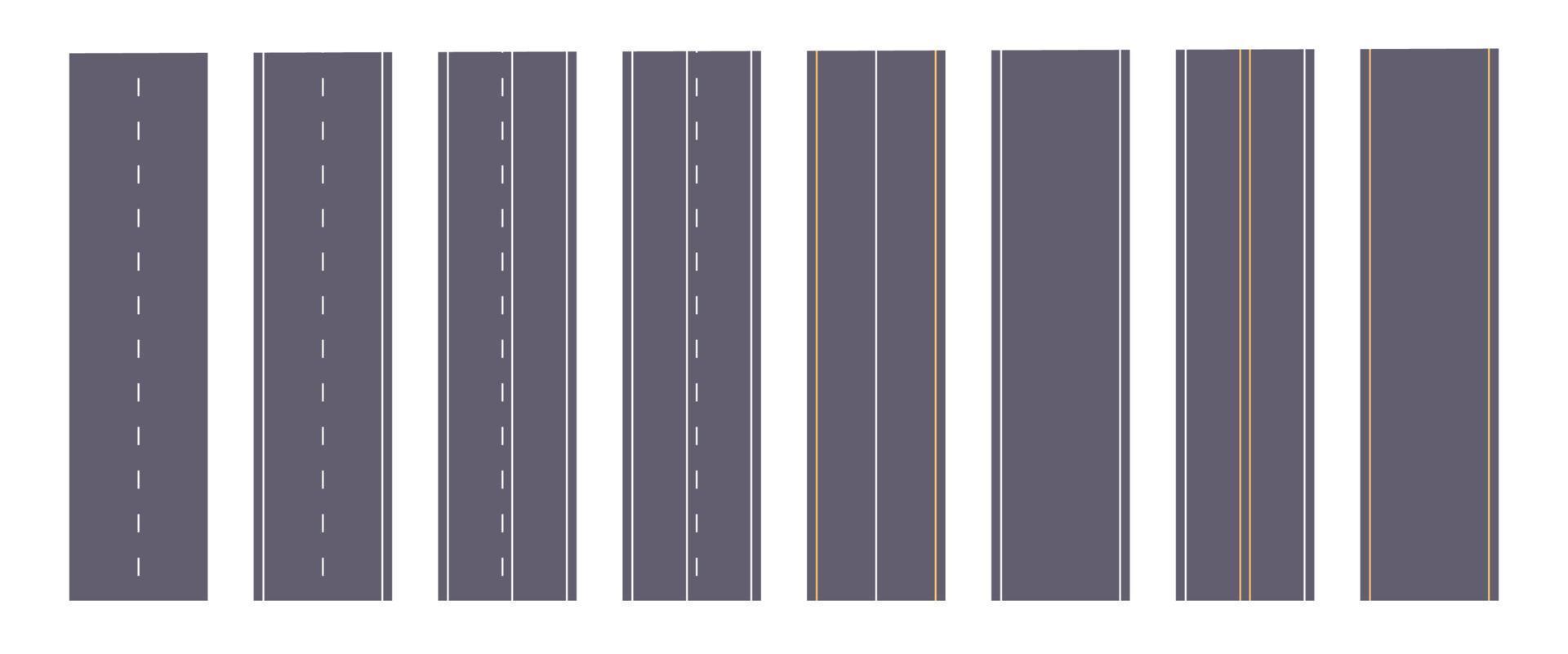 estradas de asfalto com linhas pontilhadas ou sólidas e marcações de estrada conceito vertical ilustração vetorial plana. vetor
