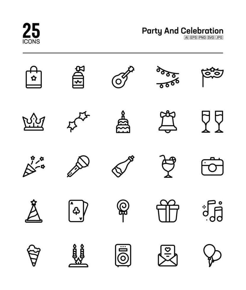 festa e celebração, aniversário, aniversário, conjunto de ícones de contorno - pacote de ícones de contorno de vetor, presente, vinho, música, máscara de festa, vetor