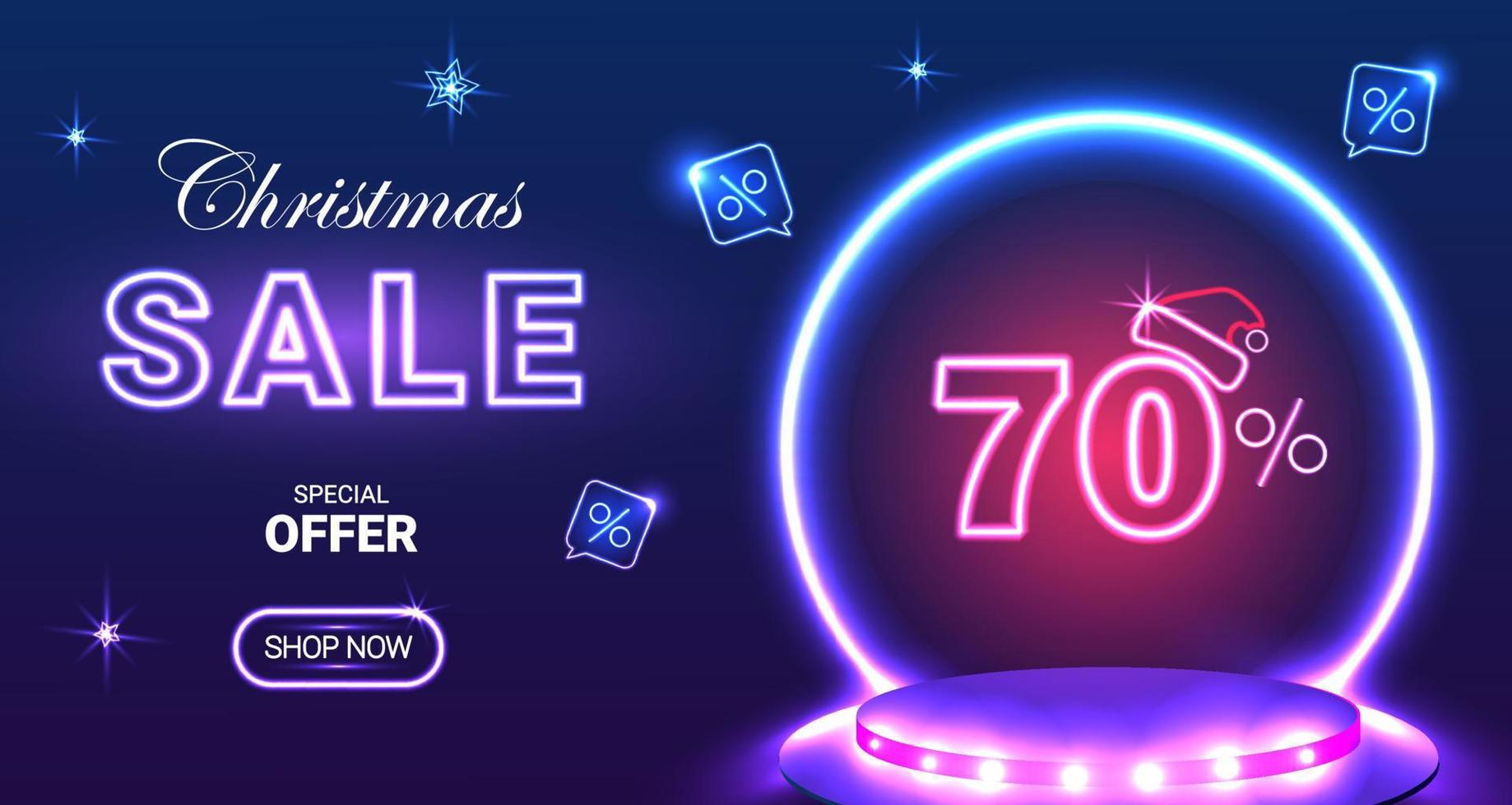 venda de natal. oferta especial, banner de venda neon 70 off. promoção de placa de sinal. ilustração vetorial vetor