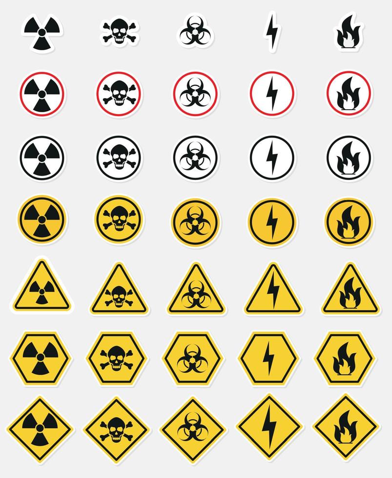 sinal amarelo do círculo de aviso de perigo. sinal de radiação, sinal tóxico e ícone de vetor de risco biológico isolado no fundo branco.