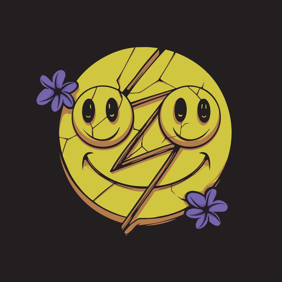 emoticon de sorriso falso e camiseta de flor e design de adesivo vetor