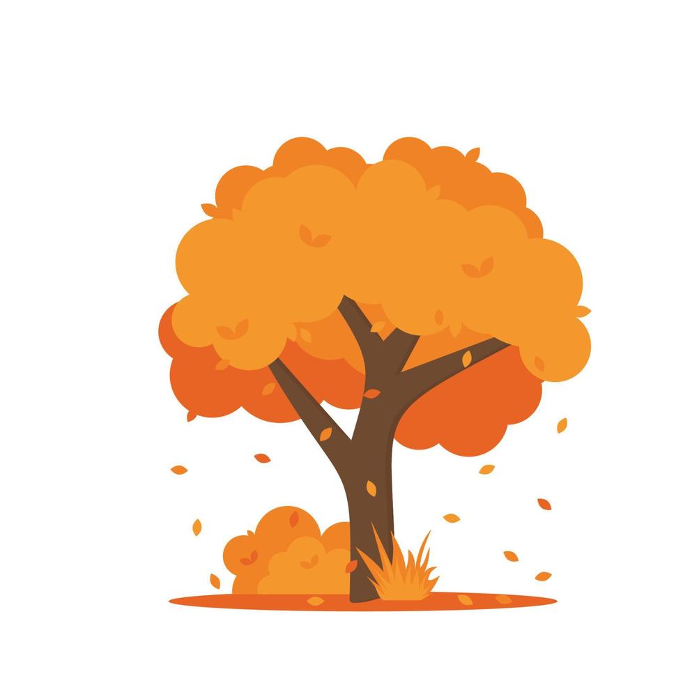 árvores de outono coloridas. árvore de outono laranja amarela dos desenhos animados e ícone de arbusto de jardim outonal com folhas de ouro da temporada de outono para o parque da cidade e o símbolo isolado do fundo da paisagem florestal vetor