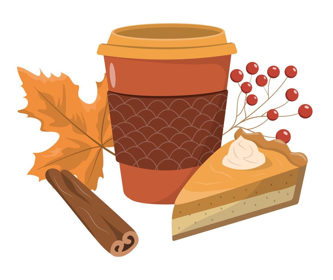 xícara de café de outono com torta de abóbora, pau de canela e clipart de folha de outono. ilustração vetorial. bebida da temporada de outono em um copo descartável. cartão de outono, design de cartão postal. vetor